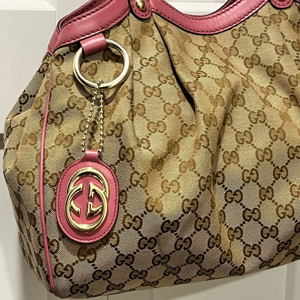 GUCCI SUKEY AUTHENTIC MEDIUM ROSE/BEIGE/BROWN CANVAS TOTE & LEATHER BAG - Picture 3 of 17